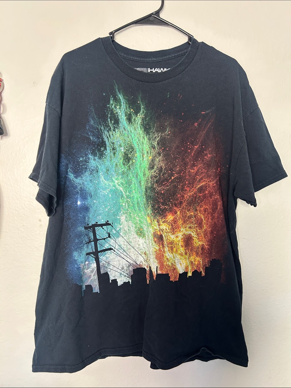 Tony Hawk Black Short-Sleeve Tee with Blue-Green-Orange Galaxy Skyline Print